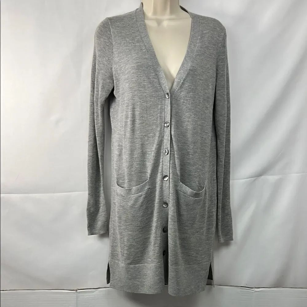 Loft Gray long button front cardigan sweater with pockets EUC size small